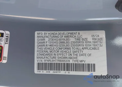 2024 Honda Odyssey Sport из США, поврежденный, VIN 5FNRL6H77RB065378